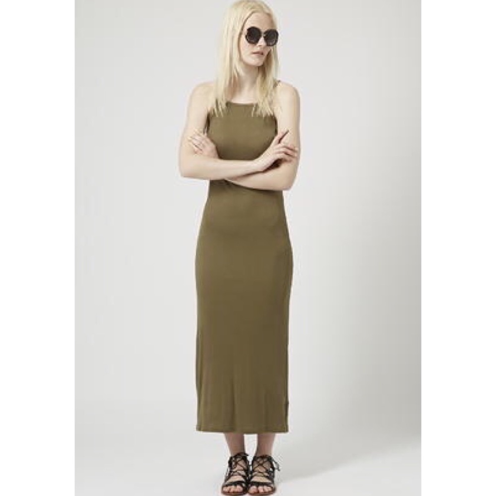 TOPSHOP Womens Green Square Neck Ribbed Maxi Dress